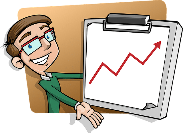 Clipart of man with chart showing upward growth but no axis labels, etc.